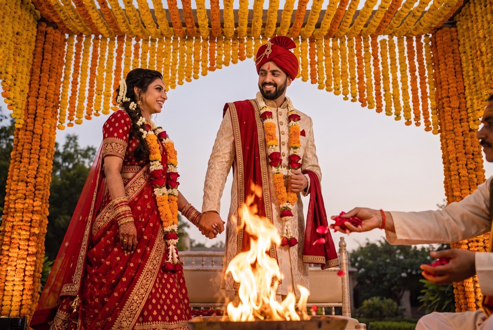 Ananya and Rohan hand in hand beneath a marigold-covered mandap, circling the sacred fire in red and gold wedding attire.