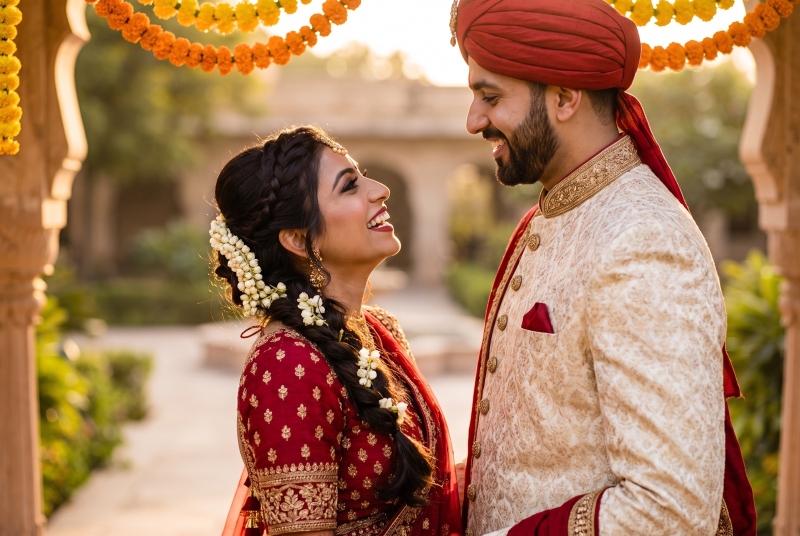 Ananya, in a red and gold embroidered lehenga with jasmine in her braid, laughing with Rohan in an ivory sherwani and red turban beneath marigold garlands.